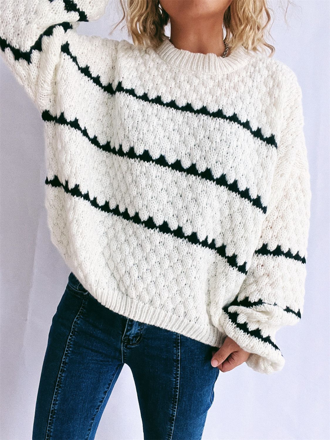 Contrast Stripes Round Neck Long Sleeve Sweater