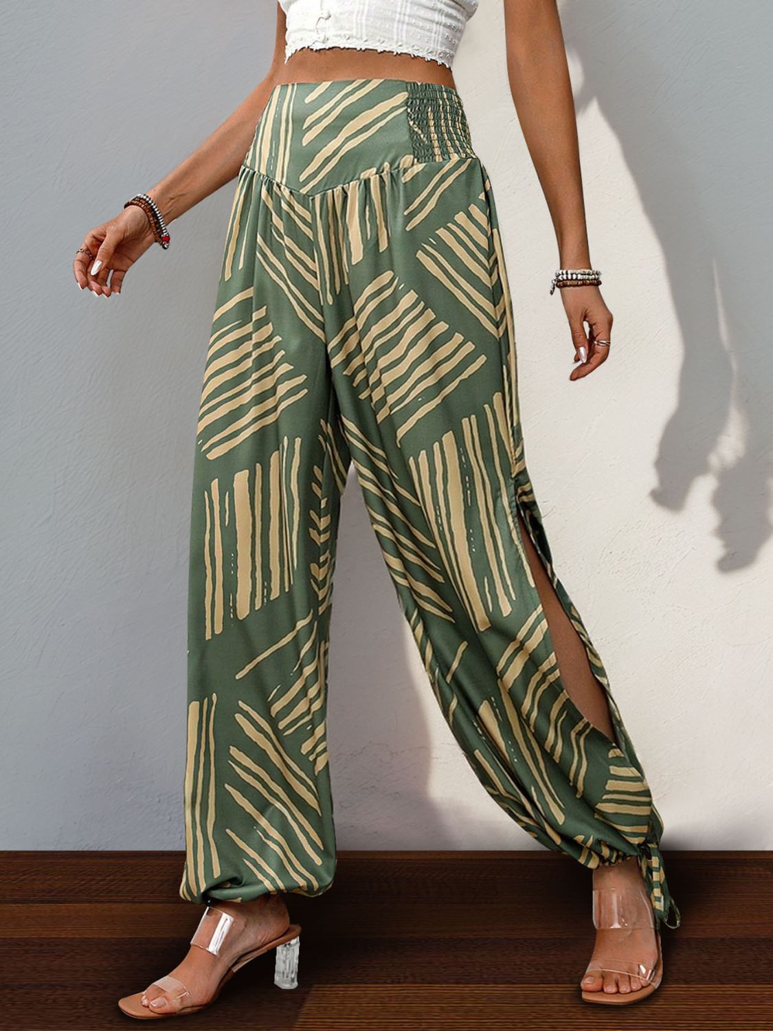 Perfee Smocked Slit Printed High Waist Pants