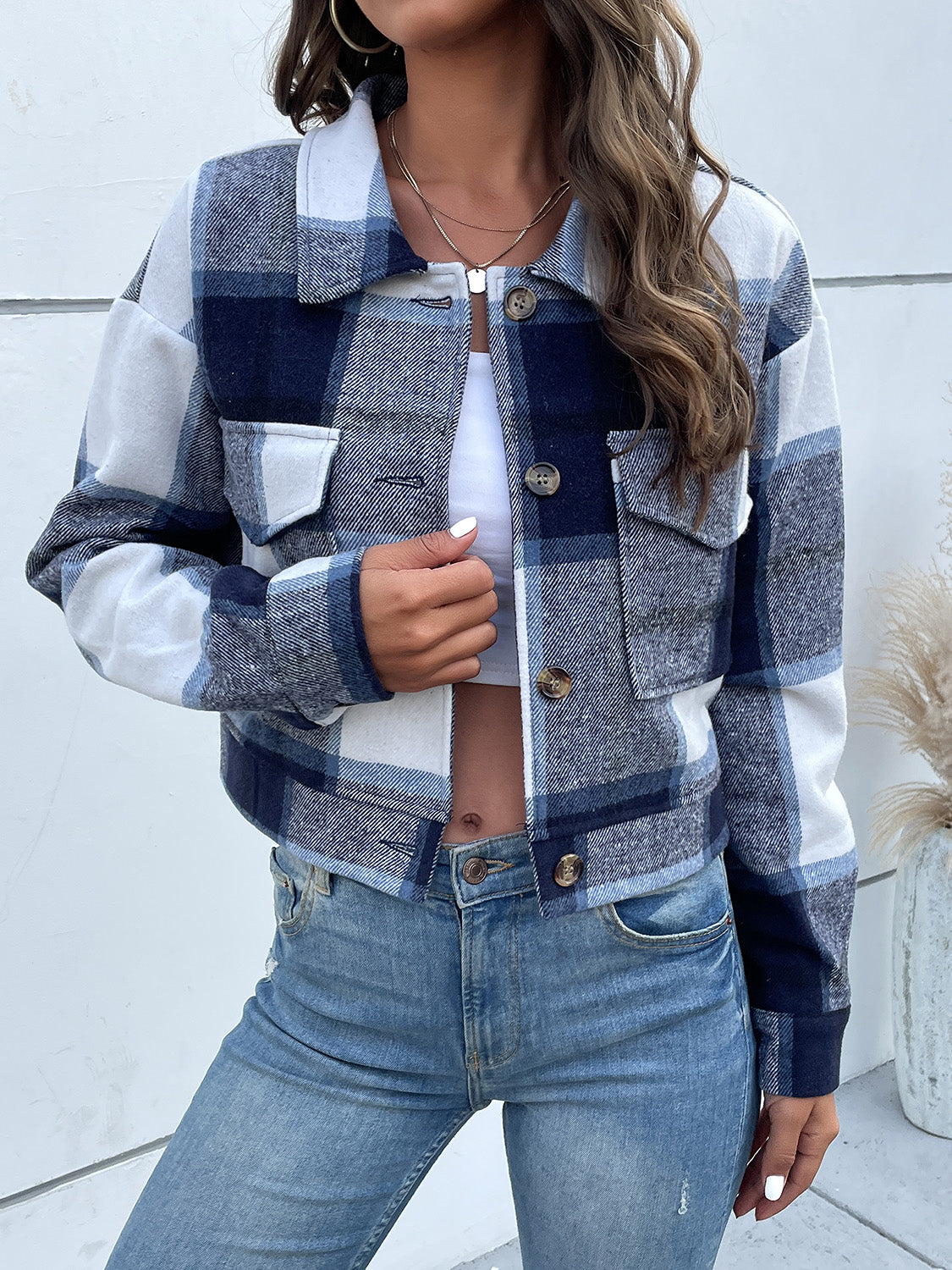 Perfee Plaid Button Up Drop Shoulder Cropped Jacket