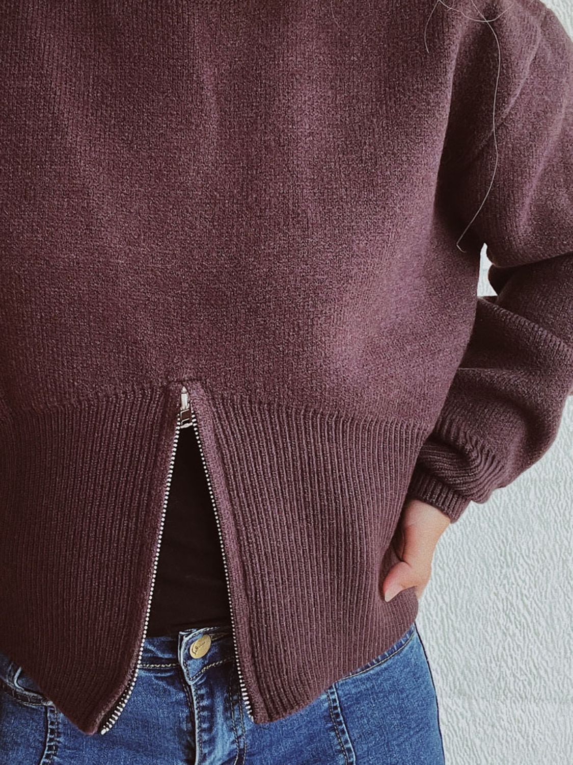 Round Neck Half Zip Long Sleeve Sweater