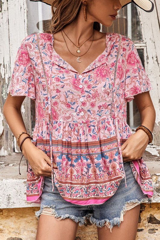 Perfee Bohemian Decorative Button Tie-Neck Peplum Blouse