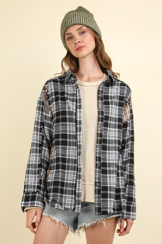 VERY J Contrast Plaid Raw Detail Shirt