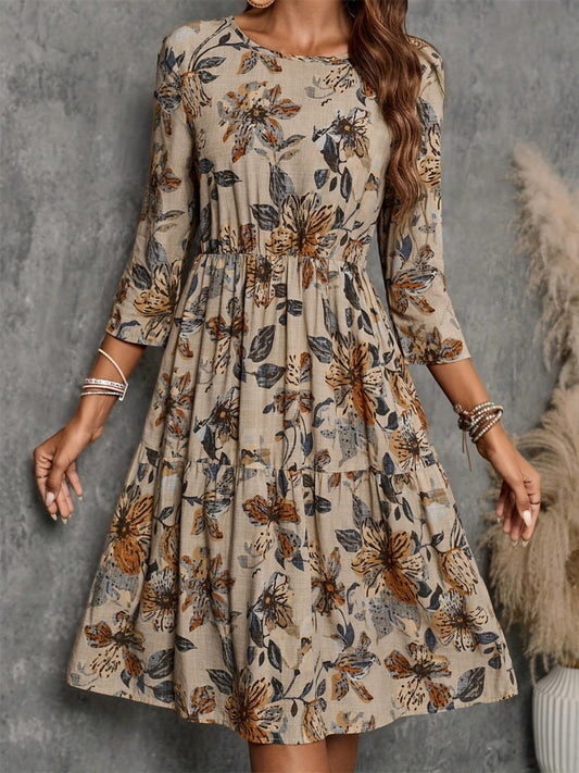 Printed Round Neck Three-Quarter Sleeve Dress