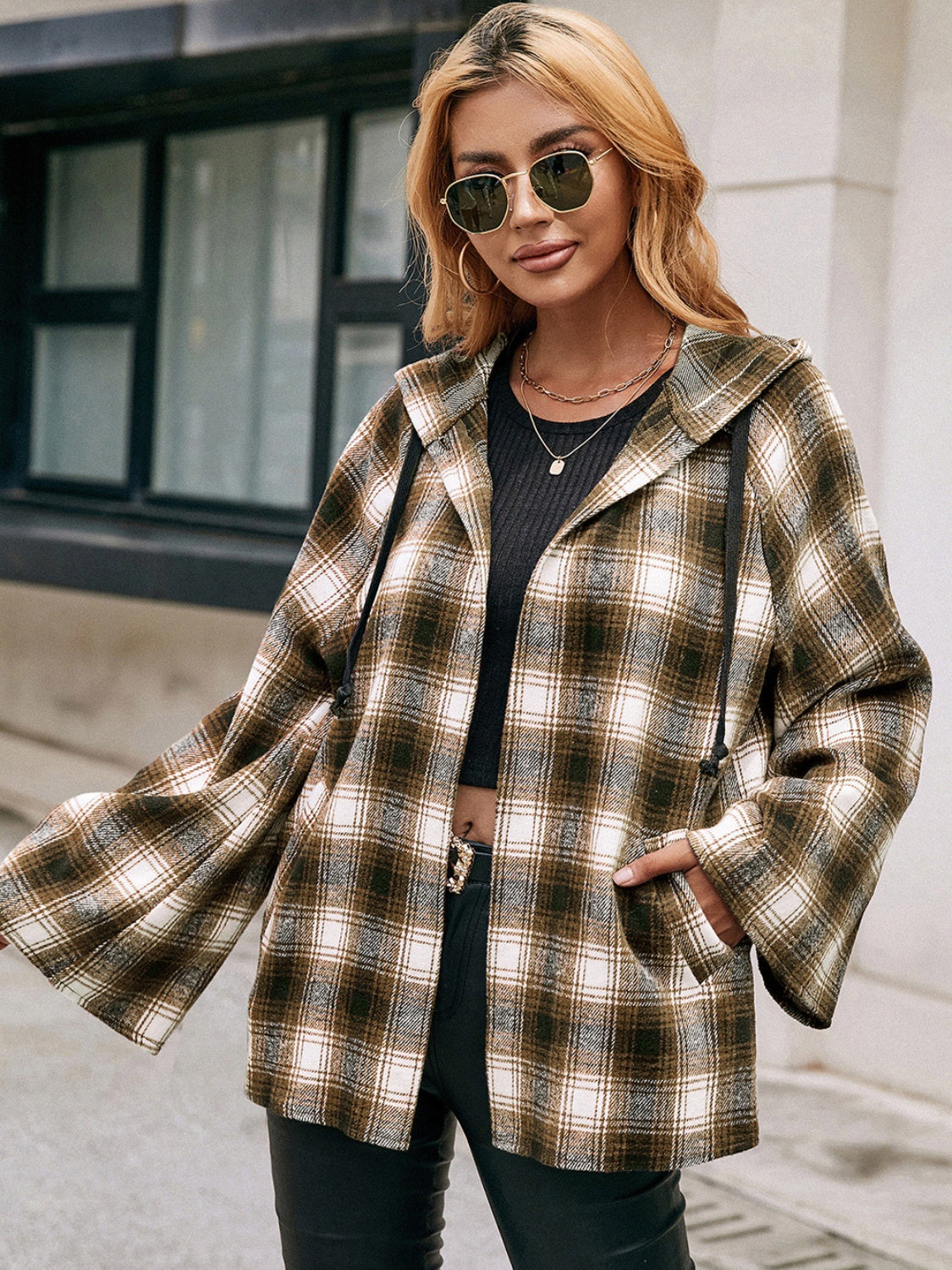 Ivy Lane Pocketed Plaid Long Sleeve Hooded Jacket