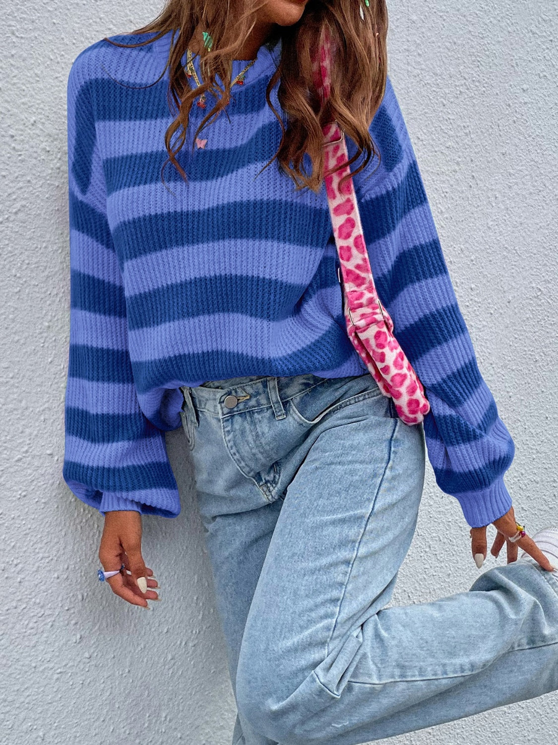 Honey Striped Round Neck Long Sleeve Sweater