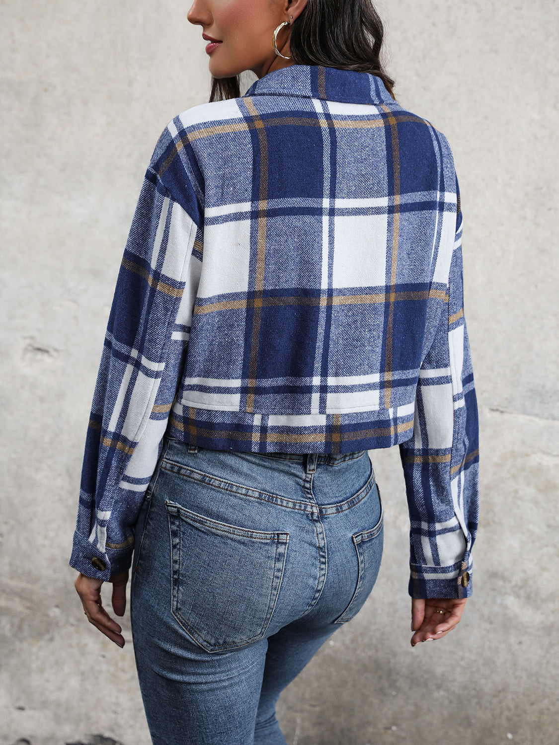 Perfee Plaid Button Up Drop Shoulder Cropped Jacket