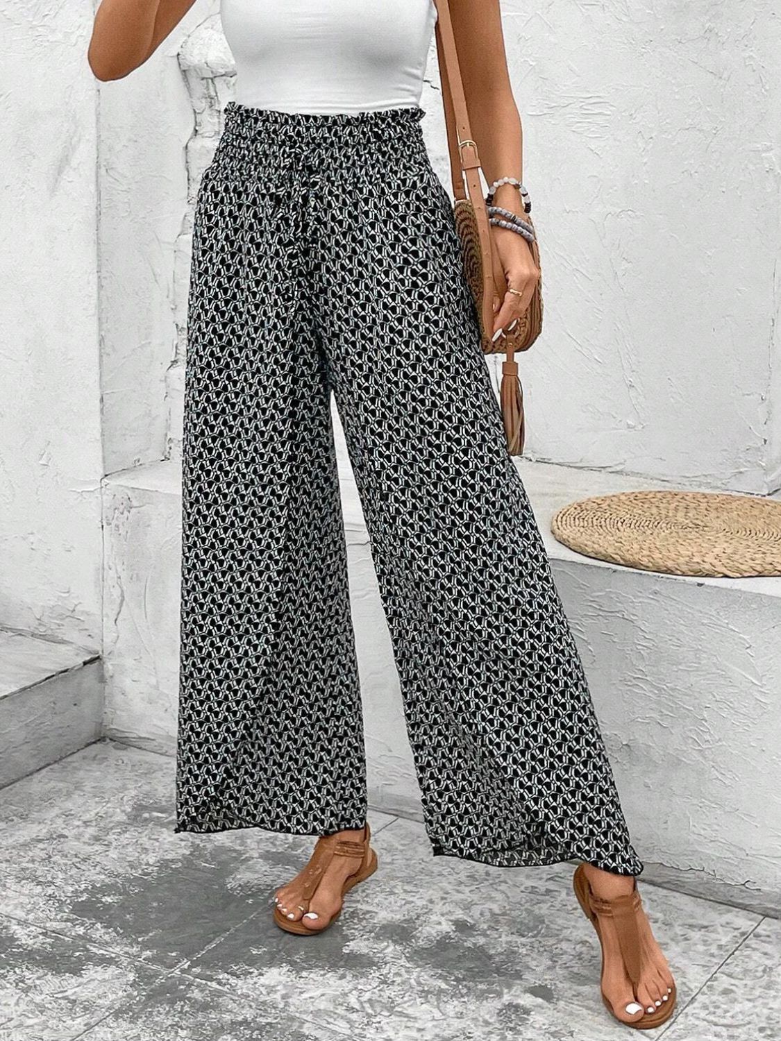 Tied Printed Wide Leg Pants