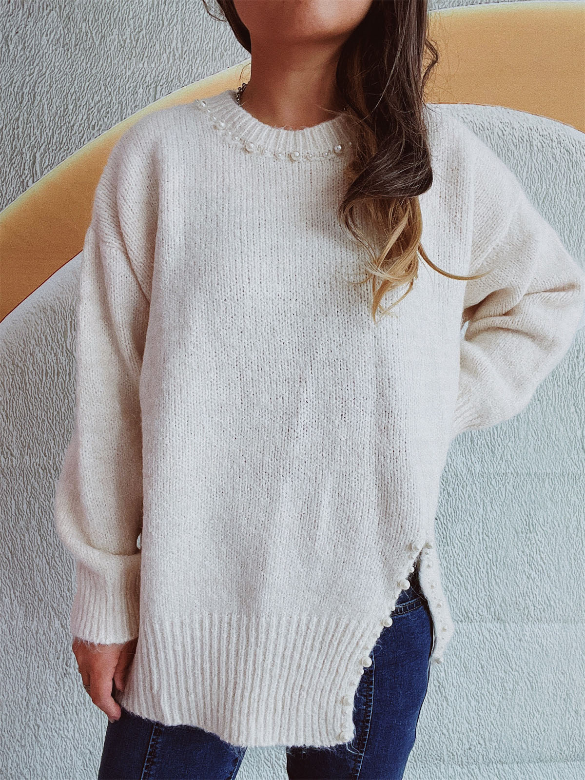 Slit Pearl Trim Round Neck Long Sleeve Sweater