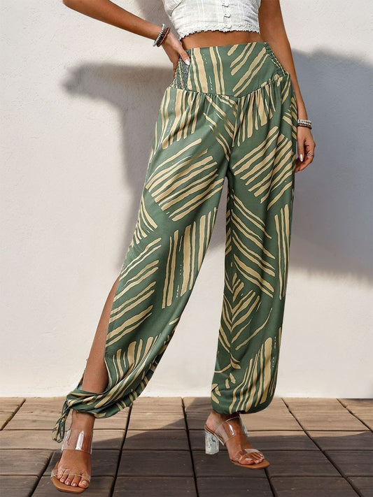 Perfee Smocked Slit Printed High Waist Pants