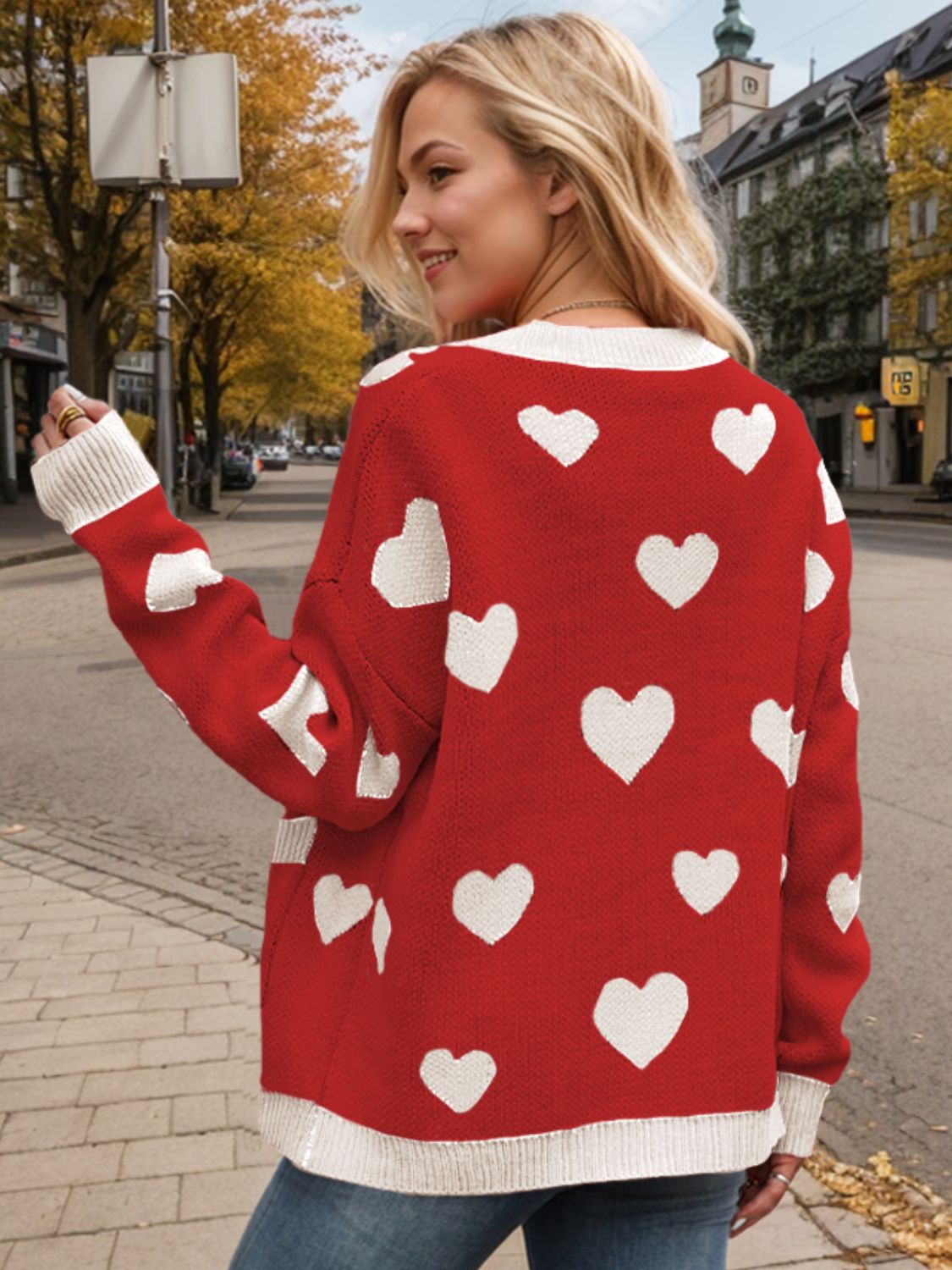 Heart Button Up Dropped Shoulder Long Sleeve Cardigan