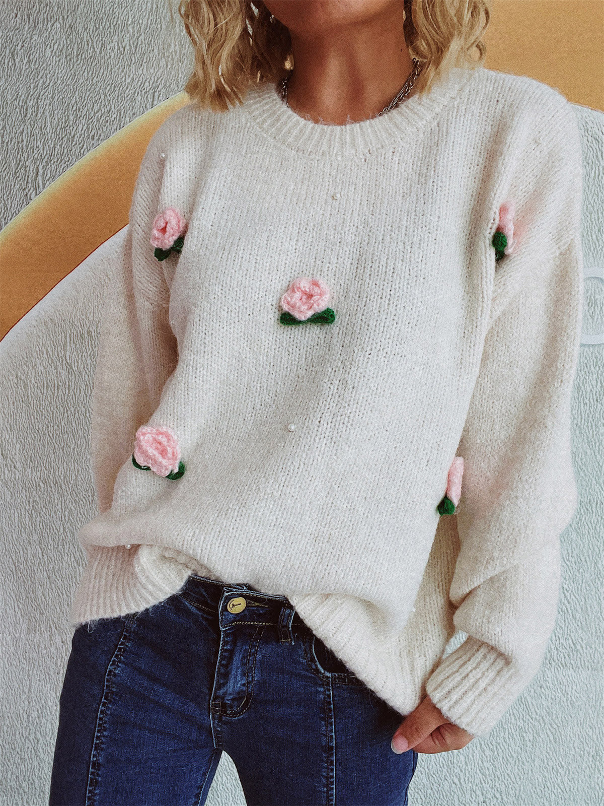 Flower Round Neck Long Sleeve Sweater