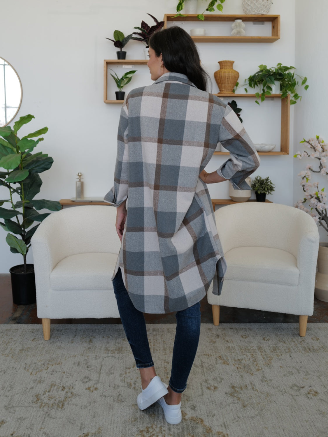 FAM-FAM Plaid Collared Neck Long Sleeve Longline Jacket